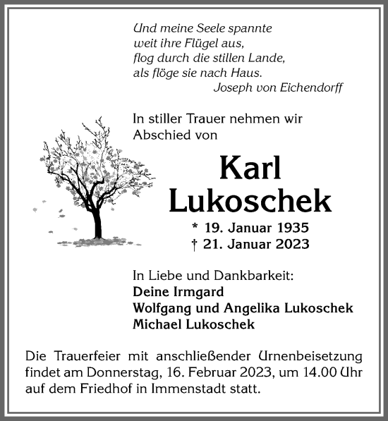 Traueranzeige von Karl Lukoschek von Allgäuer Anzeigeblatt