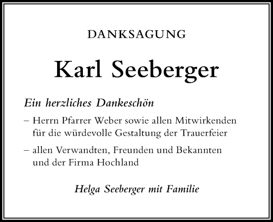 Traueranzeige von Karl Seeberger von Der Westallgäuer