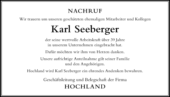 Traueranzeige von Karl Seeberger von Der Westallgäuer