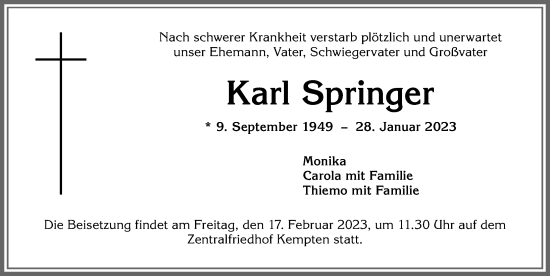 Traueranzeige von Karl Springer von Allgäuer Zeitung,Kempten