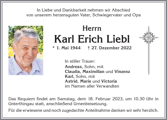 Traueranzeige von Karl Erich Liebl von Allgäuer Zeitung, Marktoberdorf