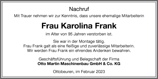 Traueranzeige von Karolina Frank von Memminger Zeitung