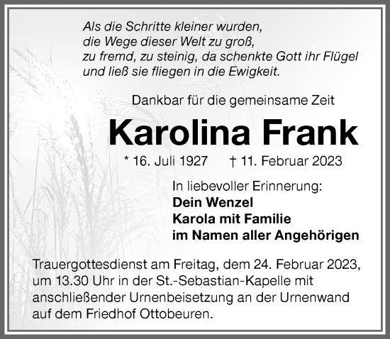 Traueranzeige von Karolina Frank von Memminger Zeitung