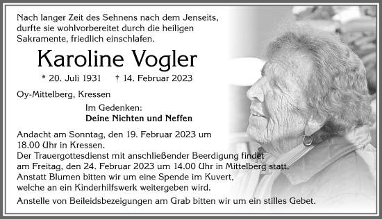 Traueranzeige von Karoline Vogler von Allgäuer Zeitung,Kempten