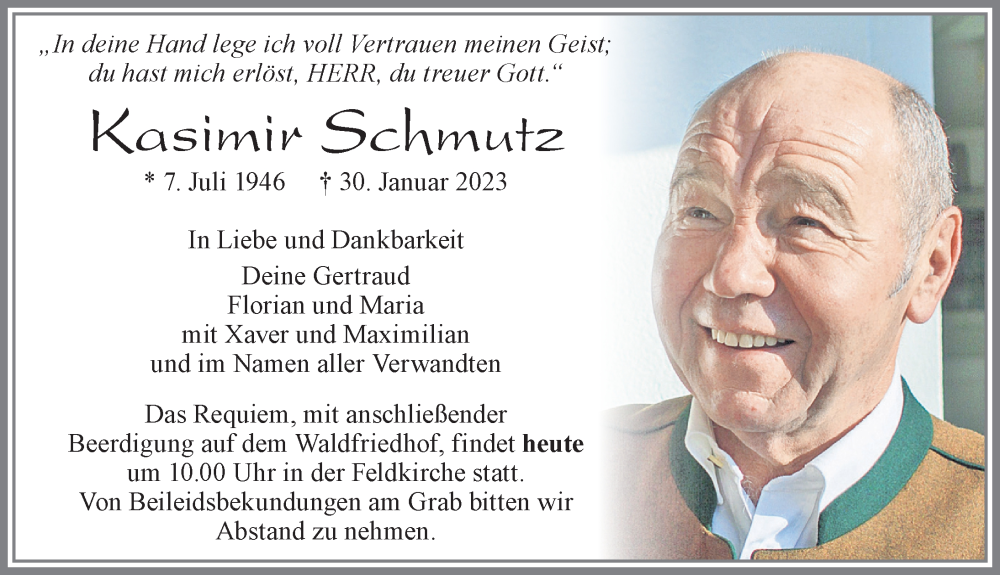  Traueranzeige für Kasimir Schmutz vom 03.02.2023 aus Allgäuer Zeitung, Füssen