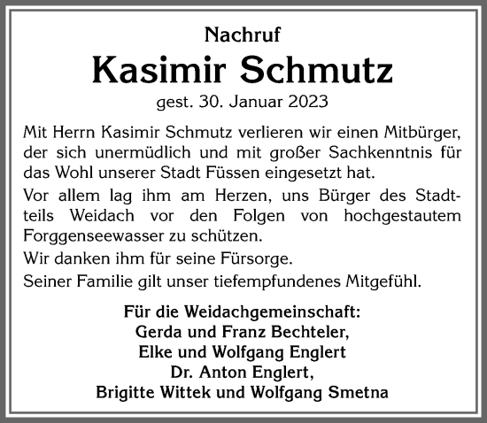 Traueranzeige von Kasimir Schmutz von Allgäuer Zeitung, Füssen