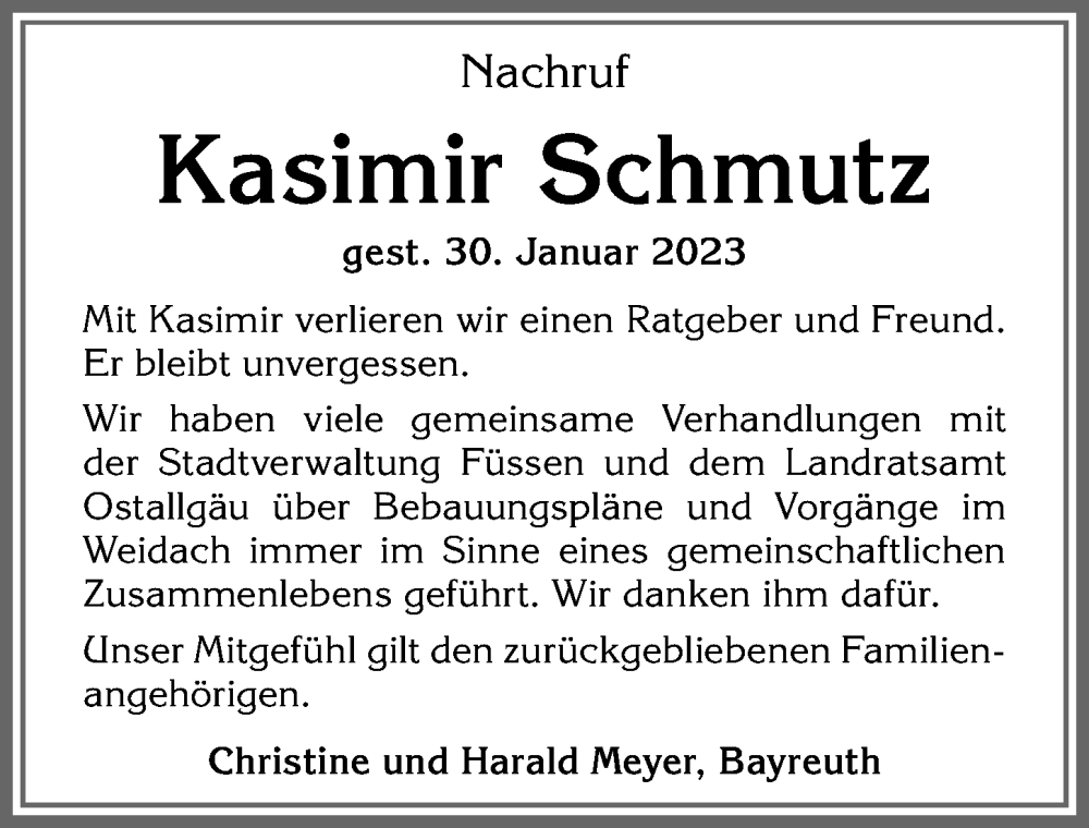  Traueranzeige für Kasimir Schmutz vom 11.02.2023 aus Allgäuer Zeitung, Füssen