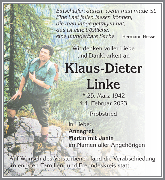 Traueranzeige von Klaus-Dieter Linke von Allgäuer Zeitung,Kempten