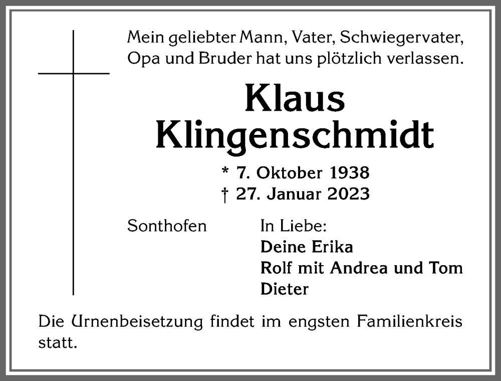  Traueranzeige für Klaus Klingenschmidt vom 04.02.2023 aus Allgäuer Anzeigeblatt