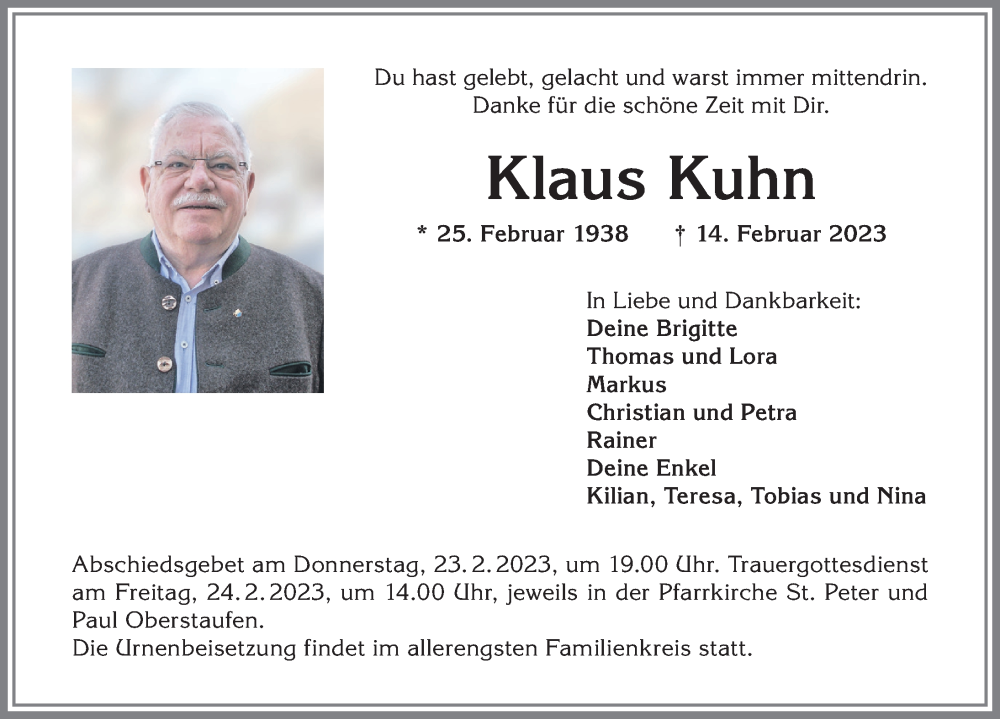  Traueranzeige für Klaus Kuhn vom 20.02.2023 aus Allgäuer Anzeigeblatt