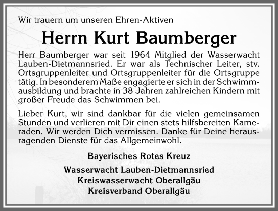 Traueranzeige von Kurt Baumberger von Allgäuer Anzeigeblatt