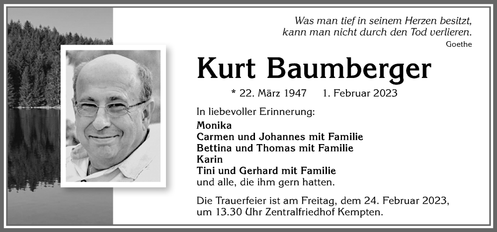  Traueranzeige für Kurt Baumberger vom 18.02.2023 aus Allgäuer Zeitung,Kempten