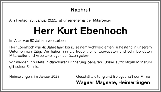 Traueranzeige von Kurt Ebenhoch von Memminger Zeitung
