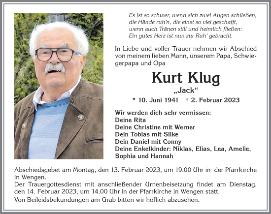 Traueranzeige von Kurt Klug von Allgäuer Zeitung,Kempten