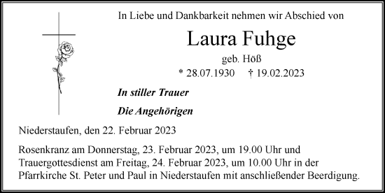 Traueranzeige von Laura Fuhge von Der Westallgäuer