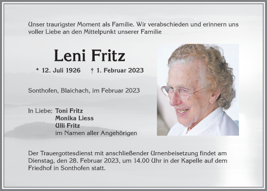 Traueranzeige von Leni Fritz von Allgäuer Anzeigeblatt