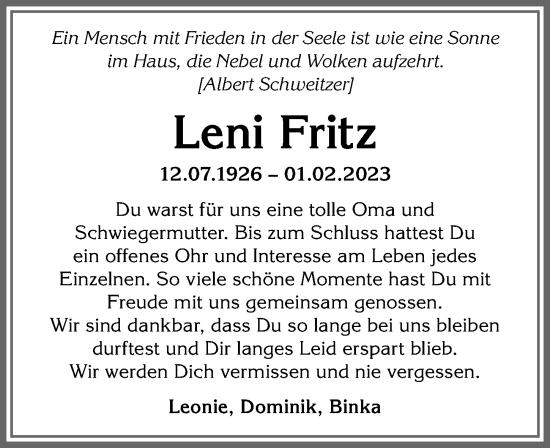 Traueranzeige von Leni Fritz von Allgäuer Anzeigeblatt