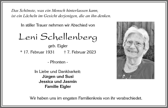 Traueranzeige von Leni Schellenberg von Allgäuer Zeitung, Füssen