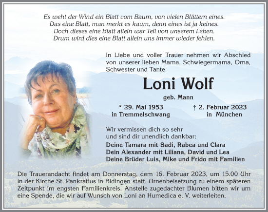 Traueranzeige von Loni Wolf von Allgäuer Zeitung, Marktoberdorf