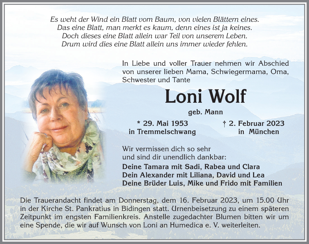  Traueranzeige für Loni Wolf vom 11.02.2023 aus Allgäuer Zeitung, Marktoberdorf
