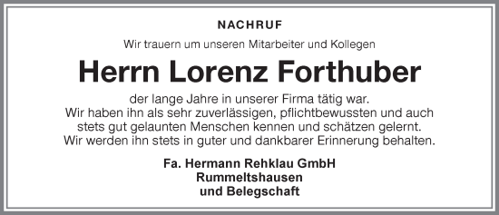Traueranzeige von Lorenz Forthuber von Memminger Zeitung