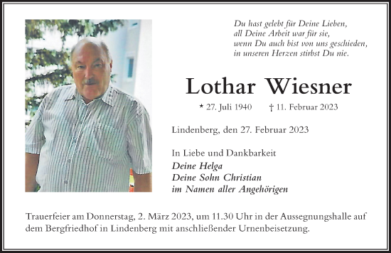 Traueranzeige von Lothar Wiesner von Der Westallgäuer