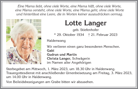 Traueranzeige von Lotte Langer von Allgäuer Zeitung,Kempten