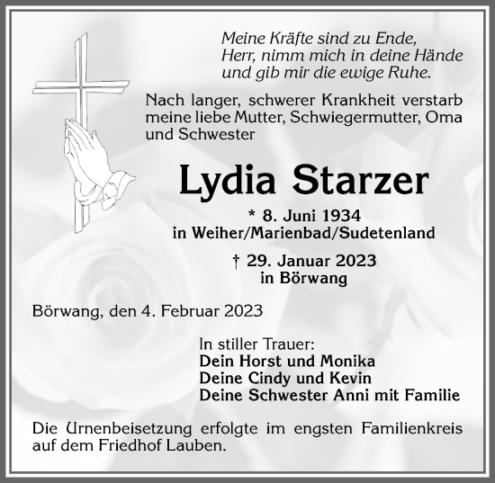 Traueranzeige von Lydia Starzer von Allgäuer Zeitung,Kempten
