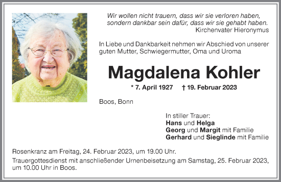 Traueranzeige von Magdalena Kohler von Memminger Zeitung