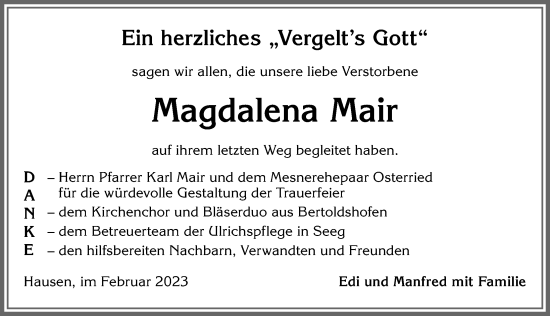 Traueranzeige von Magdalena Mair von Allgäuer Zeitung, Marktoberdorf