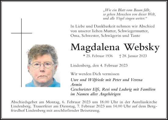 Traueranzeige von Magdalena Websky von Der Westallgäuer