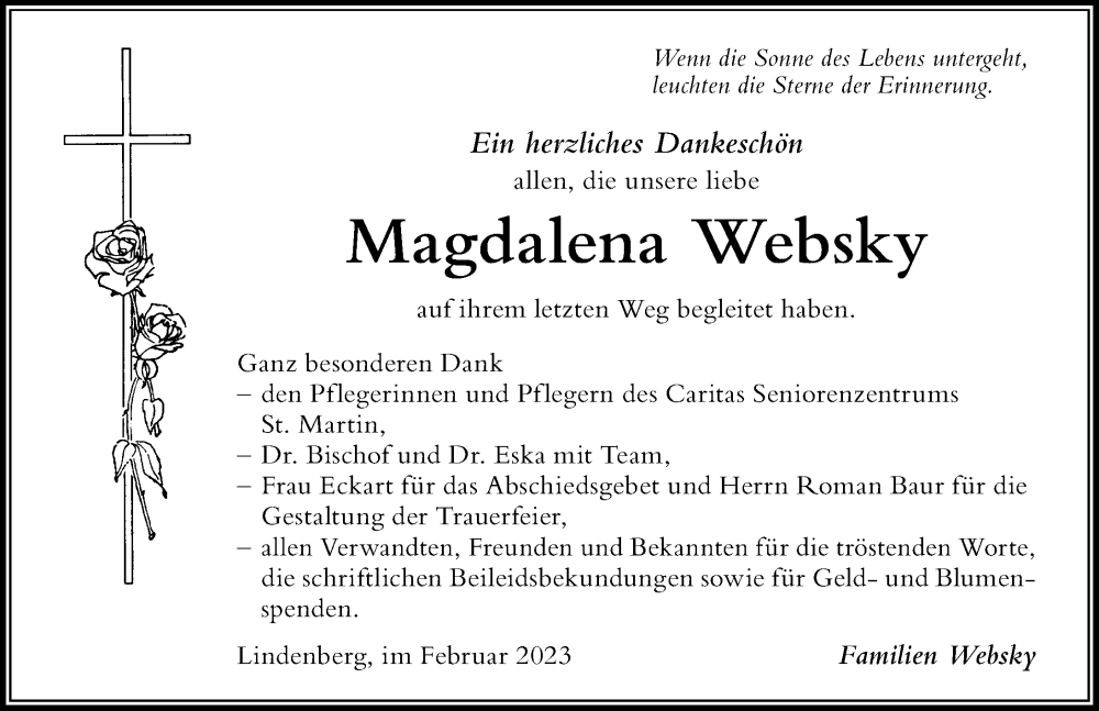  Traueranzeige für Magdalena Websky vom 18.02.2023 aus Der Westallgäuer