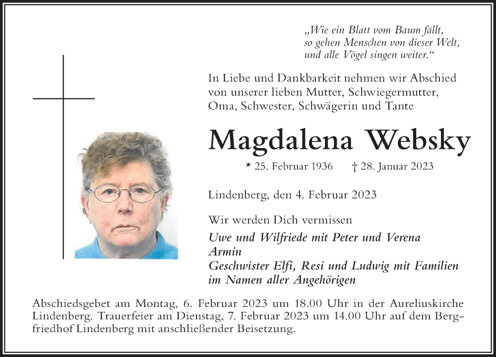  Traueranzeige für Magdalena Websky vom 04.02.2023 aus Der Westallgäuer
