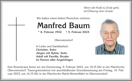 Traueranzeige von Manfred Baum von Allgäuer Zeitung, Kaufbeuren/Buchloe