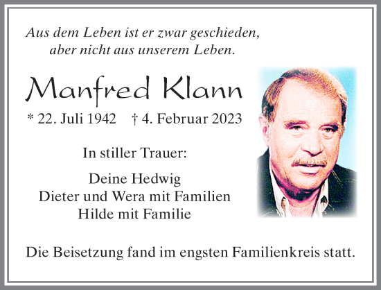 Traueranzeige von Manfred Klann von Allgäuer Zeitung, Füssen