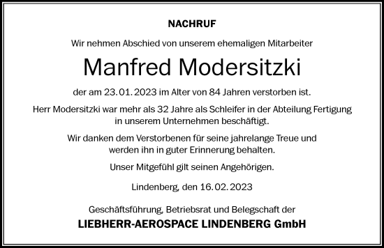 Traueranzeige von Manfred Modersitzki von Der Westallgäuer