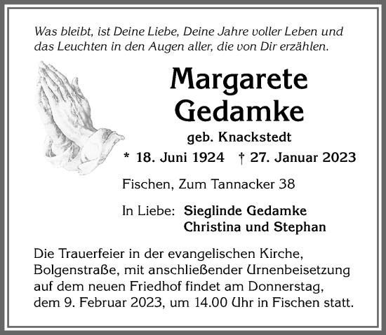 Traueranzeige von Margarete Gedamke von Allgäuer Anzeigeblatt