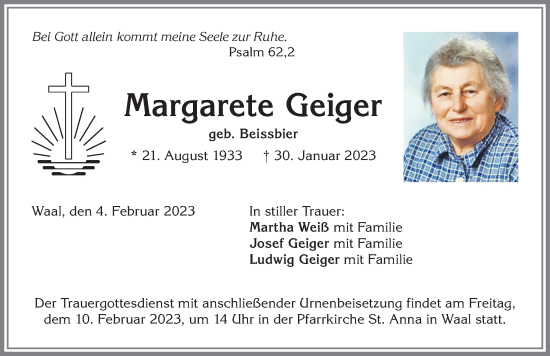 Traueranzeige von Margarete Geiger von Allgäuer Zeitung, Kaufbeuren/Buchloe