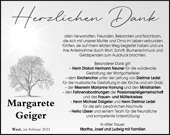 Traueranzeige von Margarete Geiger von Allgäuer Zeitung, Kaufbeuren/Buchloe