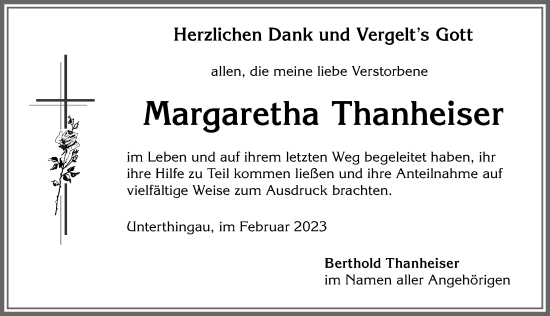 Traueranzeige von Margaretha Thanheiser von Allgäuer Zeitung, Marktoberdorf