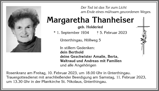 Traueranzeige von Margaretha Thanheiser von Allgäuer Zeitung, Marktoberdorf