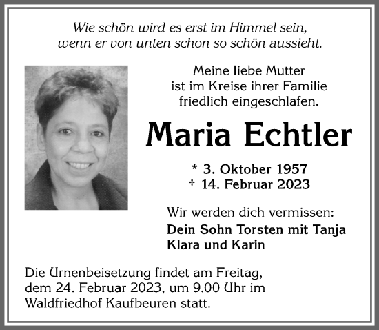 Traueranzeige von Maria Echtler von Allgäuer Zeitung, Kaufbeuren/Buchloe