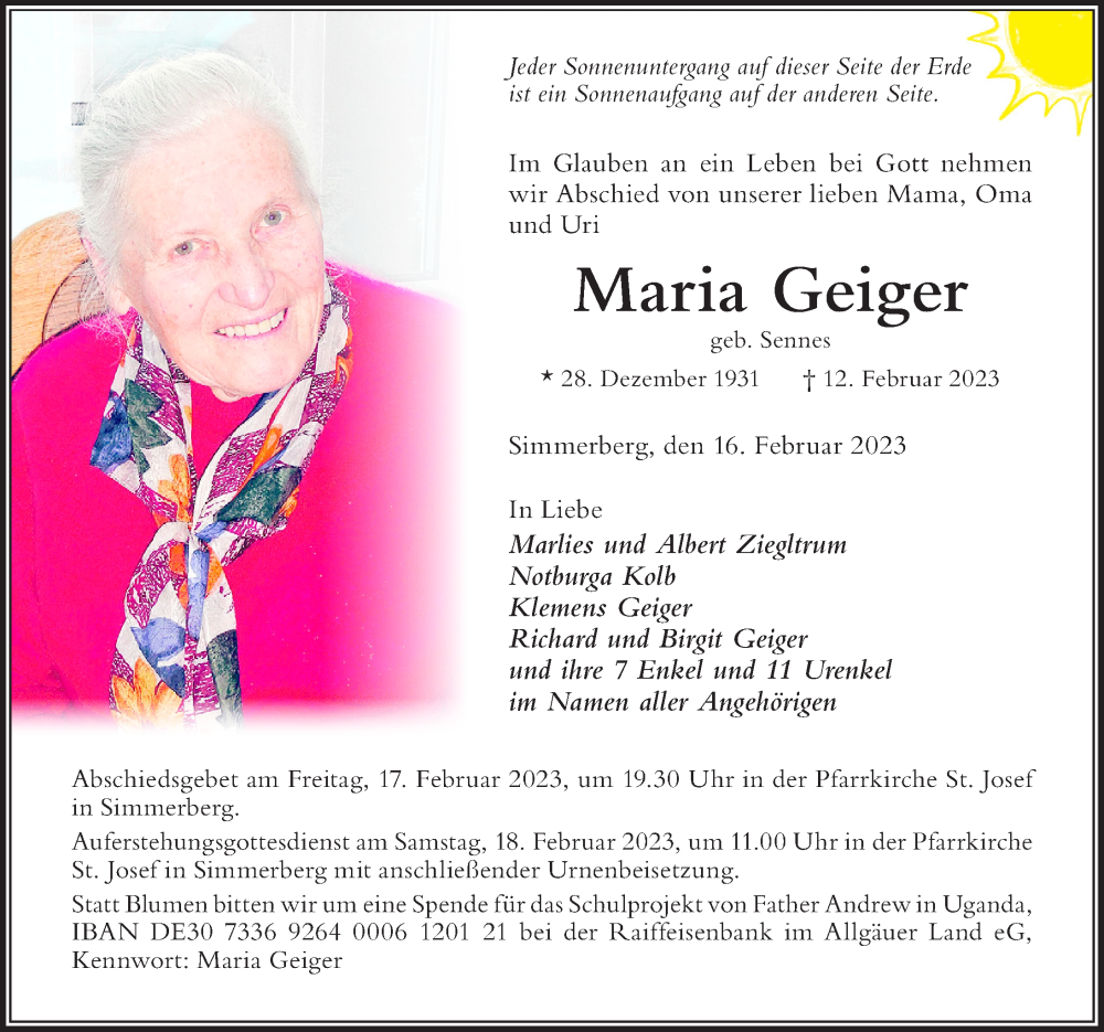  Traueranzeige für Maria Geiger vom 16.02.2023 aus Der Westallgäuer