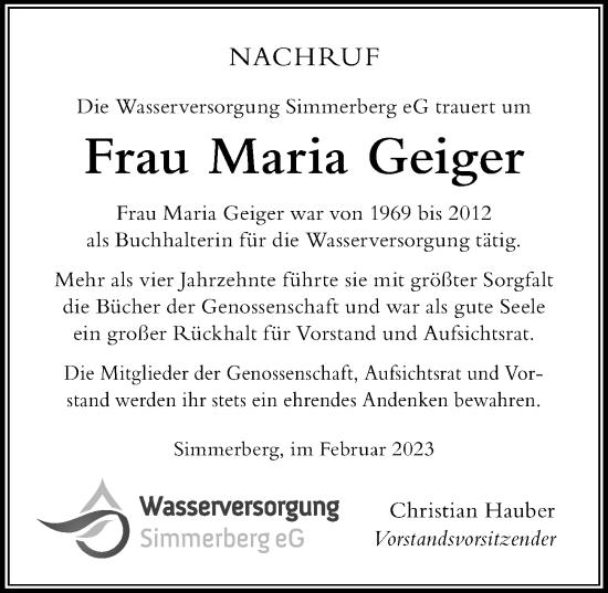 Traueranzeige von Maria Geiger von Der Westallgäuer