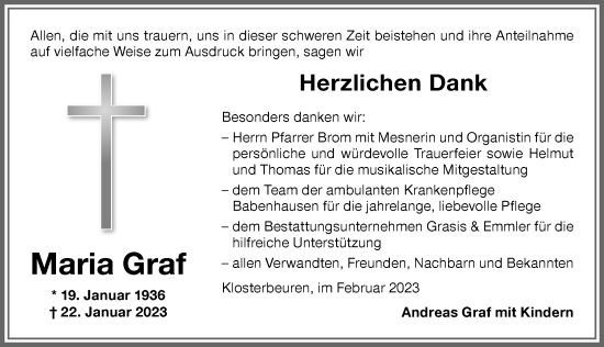 Traueranzeige von Maria Graf von Memminger Zeitung