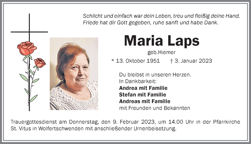  Traueranzeige für Maria Laps vom 07.02.2023 aus Memminger Zeitung
