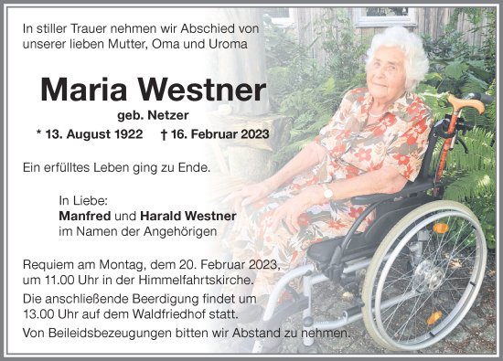 Traueranzeige von Maria Westner von Memminger Zeitung