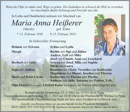 Traueranzeige von Maria Anna Heißerer von Allgäuer Zeitung, Füssen
