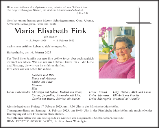 Traueranzeige von Maria Elisabeth Fink von Der Westallgäuer