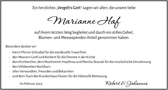 Traueranzeige von Marianne Haf von Allgäuer Zeitung, Füssen